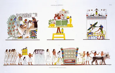Ritos funerarios, de un raro registro de frescos de Tebas, registrado 1819-1822 en su segunda visita a Egipto por Frederic Cailliaud, litografía en color